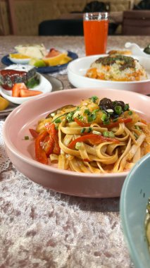 lunch in a cafe top view a table full of food.