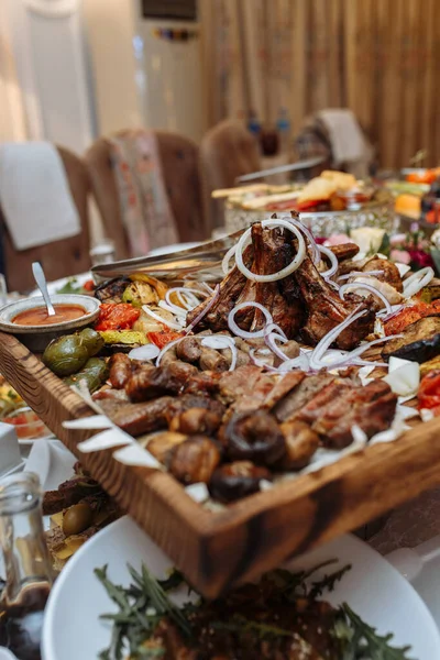 Grilled Meat Set Wooden Board Table — Stockfoto