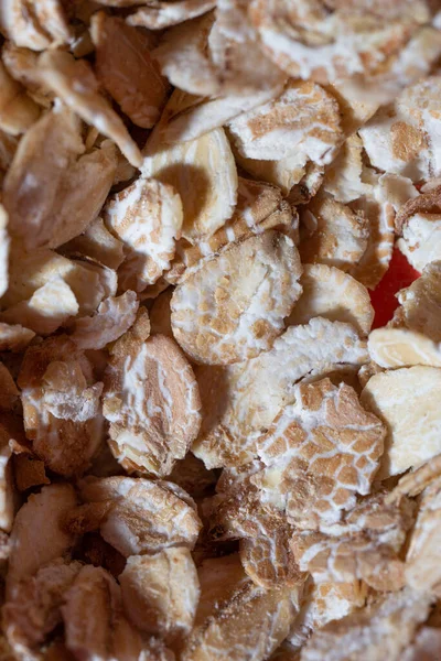 macro photography on the background of oatmeal. oatmeal close-up on a red background.