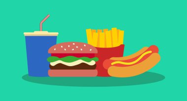 Fast food vektör çizimi. Abur cubur ikonu. Sosisli, patates kızartması, hamburger ve meşrubat..