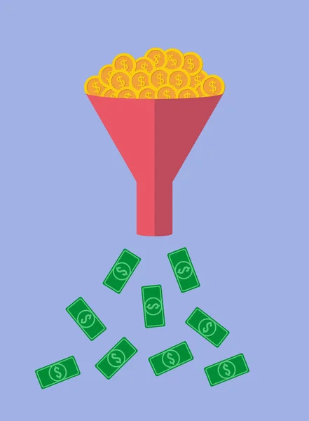 Funnel changing coin into bills on blue background — Stockvector