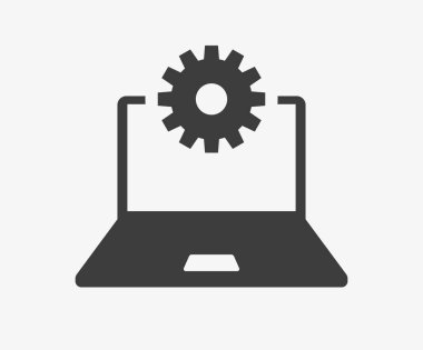 Otomatikleştirme işareti. Laptop ve dişli siyah simge