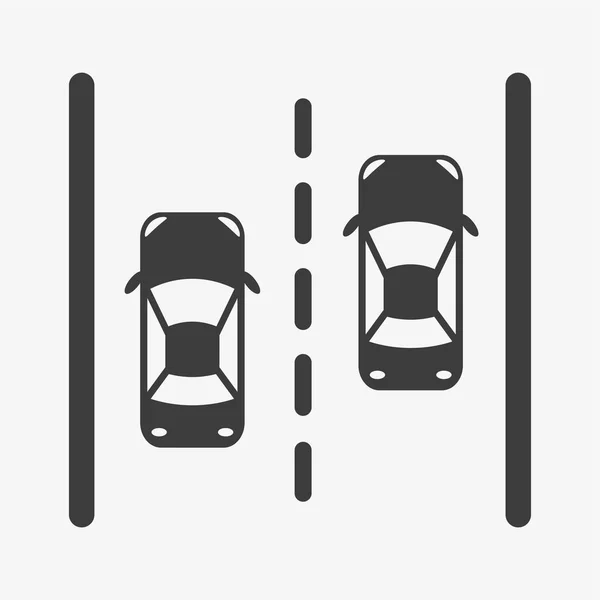 Carros de visão superior no ícone de vetor de estrada. Sinal de trânsito — Vetor de Stock