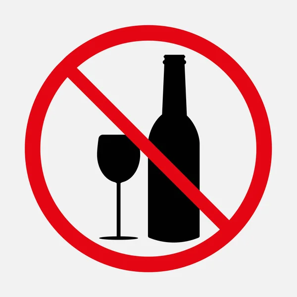 No hay señal de alcohol. Copa de vino y botella icono de vector — Vector de stock