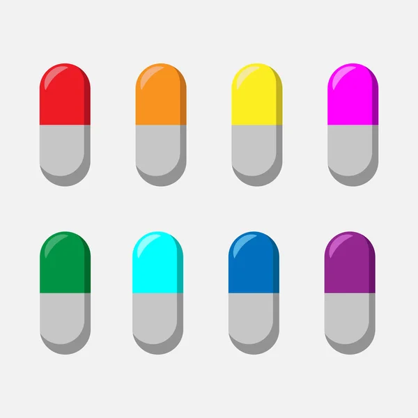 Pillenvektorsymbol. Medikamentenset in acht Farben — Stockvektor