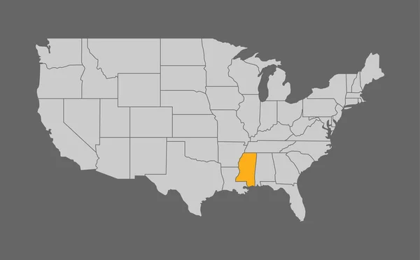 Mapa de Estados Unidos con Mississippi punto culminante — Vector de stock
