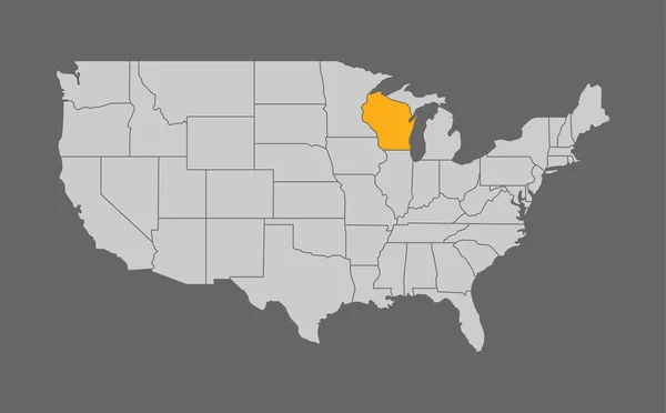 Mapa de Estados Unidos con Wisconsin punto culminante — Vector de stock