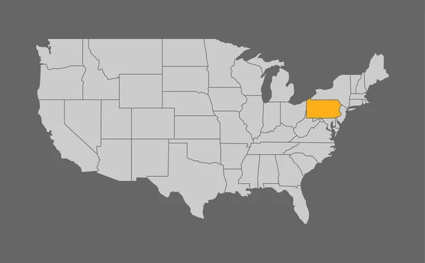 Mapa de Estados Unidos con Pennsylvania punto culminante — Vector de stock