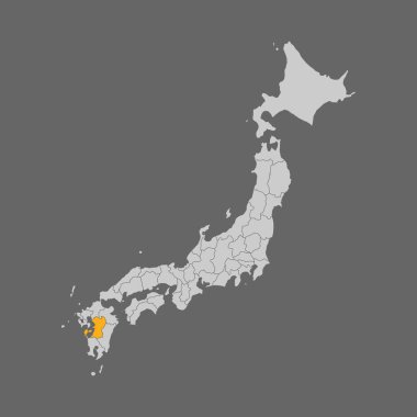 Beyaz arka planda, Japonya haritasında Kumamoto bölgesi vurgulandı