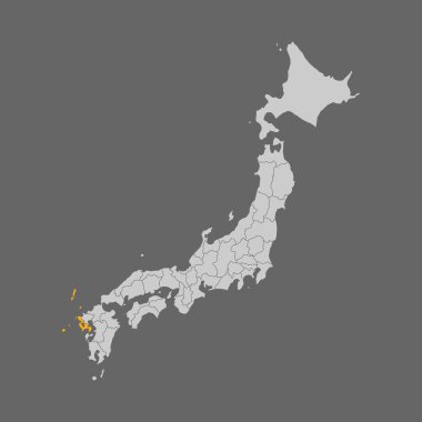 Nagasaki bölgesi beyaz arka planda Japonya haritasında vurgulandı