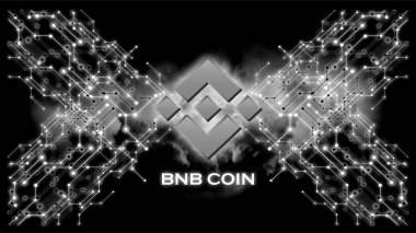 Soyut arkaplan üzerinde BNB logosu ve metin. BNB şifreleme para birimi simgesi.