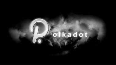 Polkadot (DOT) şifreli para birimi temalı pankart. Modern soyut arkaplanda Polkadot madeni veya DOT simgesi.