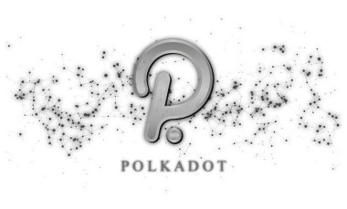 Polkadot (DOT) şifreli para birimi temalı pankart. Modern soyut arkaplanda Polkadot madeni veya DOT simgesi.