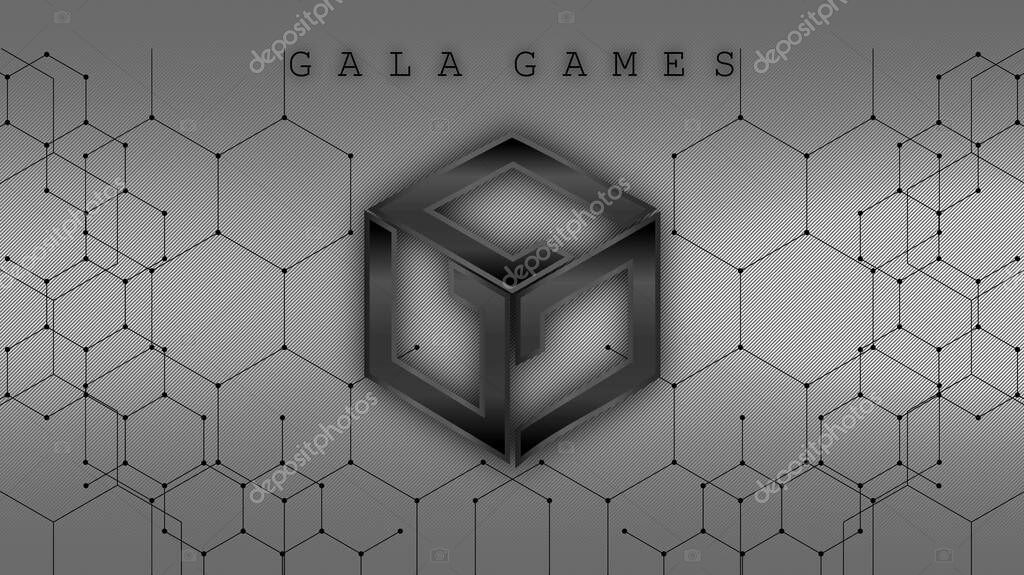 Gala Games, GALA cryptocurrency symbol and text on abstract background