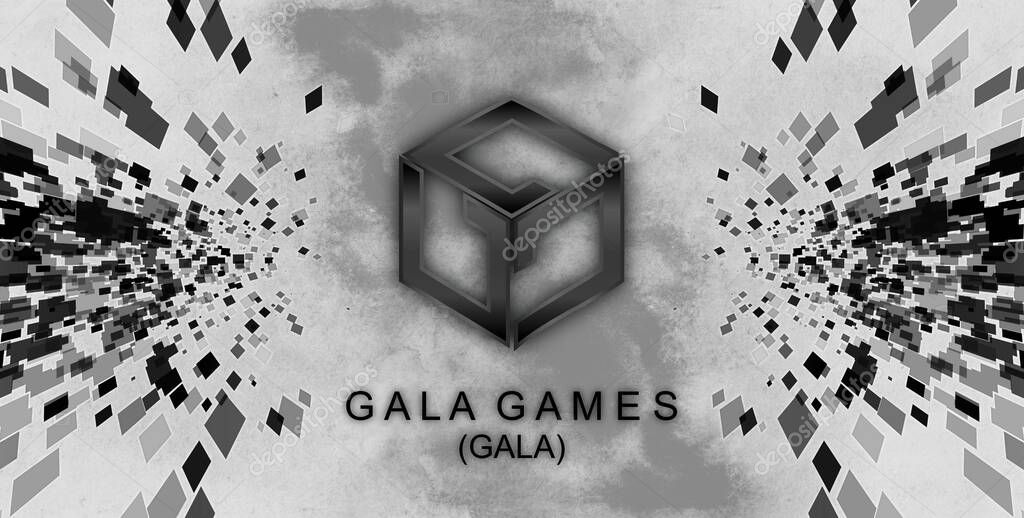 Gala Games, GALA cryptocurrency symbol and text on abstract background