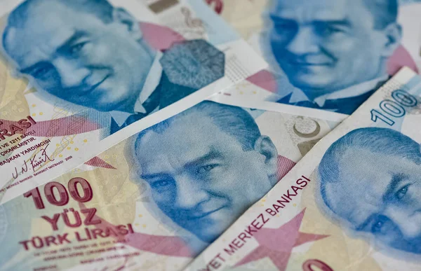 Februar 2022 Türkische Banknoten Türkische Lira Zahlen Makro Shot 100 — Stockfoto
