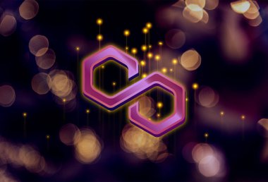 Soyut arkaplan üzerindeki çokgen MATIC sembol kripto para birimi teması