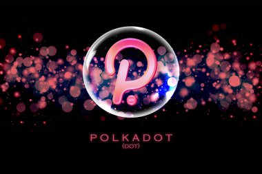 Polkadot (DOT) şifreli para birimi temalı pankart. Polkadot madeni para veya DOT simgesi modern soyut arkaplanda. Kabarcıktaki nokta