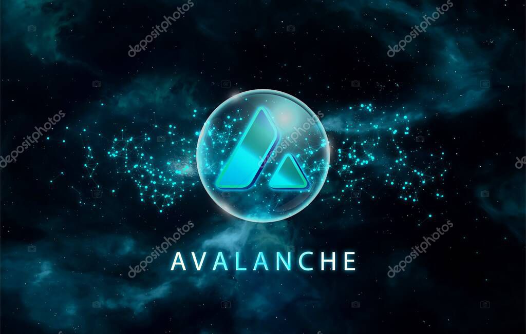 Avalanche (AVAX) icon on blue abstract background. Avax crypto currency.