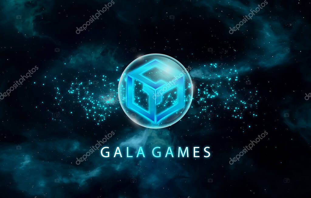 Gala Games, GALA cryptocurrency symbol on abstract background