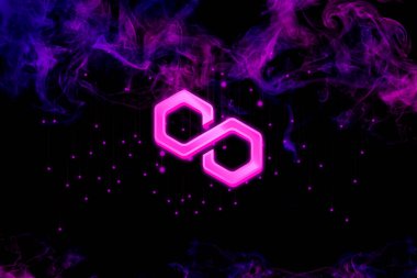 Soyut arkaplan üzerindeki çokgen MATIC sembol kripto para birimi teması