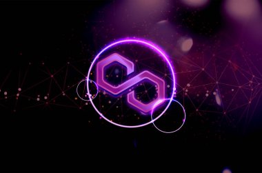 Soyut arkaplan üzerindeki çokgen MATIC sembol kripto para birimi teması