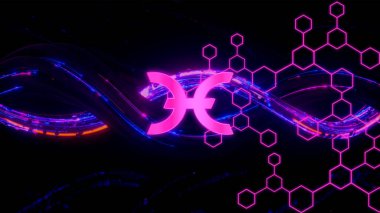 Soyut arkaplanda sanal sistem, sanal sıcak kripto para birimi sembolü