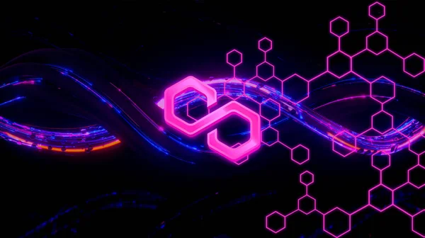 Soyut arkaplan üzerindeki çokgen MATIC sembol kripto para birimi teması