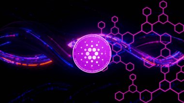 3 boyutlu Cardano ADA para sembolü şifreli para birimi temalı arka plan tasarımı
