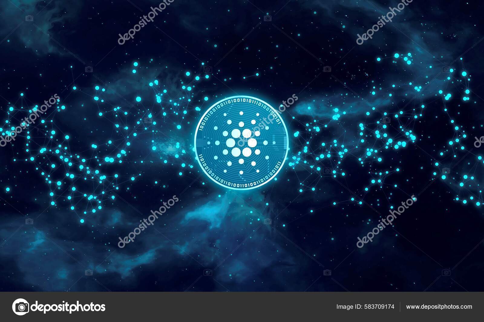 带有加密货币主题背景设计的Cardano Ada硬币符号——图库图片© frknck #583709174