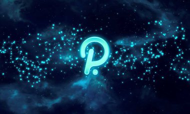 Polkadot (DOT) şifreli para birimi temalı pankart. Modern soyut arkaplanda Polkadot madeni veya DOT simgesi