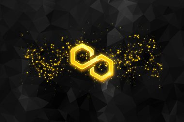 Soyut arkaplan üzerindeki çokgen MATIC sembol kripto para birimi teması