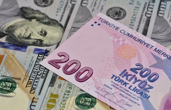 July 2022Two Hundred Turkish Liras Dollars Dollar Turkish Lira Currency — 스톡 사진