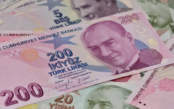 July 2022Turkish Banknotes Turkish Lira Numbers Macro Shot 200 Turkish — Stockfoto