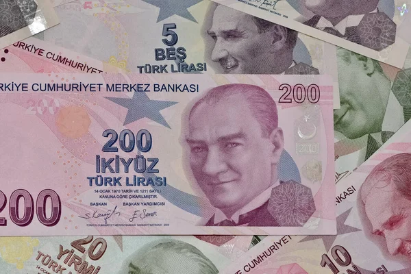 July 2022Turkish Banknotes Turkish Lira Numbers Macro Shot 200 Turkish — 스톡 사진