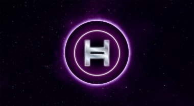 Hedera hashgraph, HBAR cryptocurrency symbol on abstract background