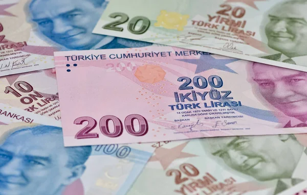 28 August 202210 20 100 200 turkish lira banknote. money macro shot.