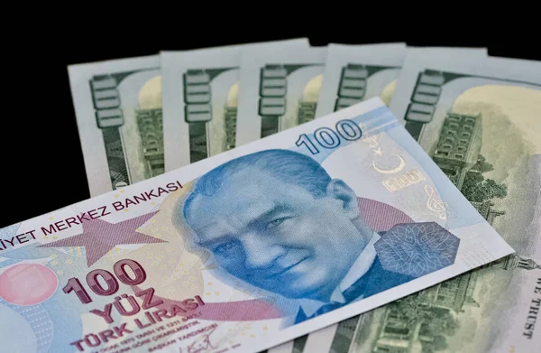August 2022100 Turkish Lira 100 Dollars Money Macro Shot — Photo