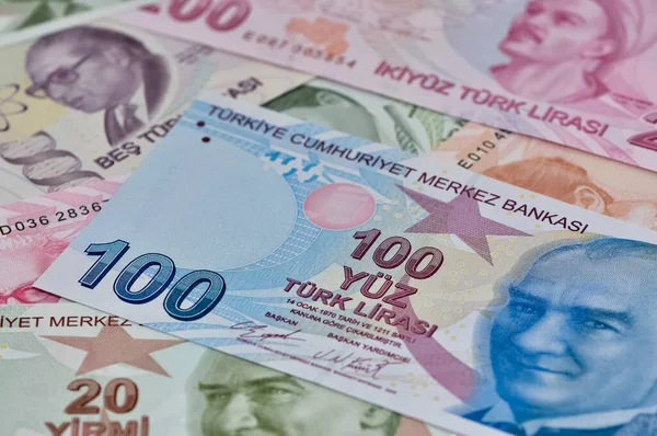 Turkish Banknotes Turkish Lira Numbers Macro Shot 100 Turkish Banknotes — Stock Photo, Image