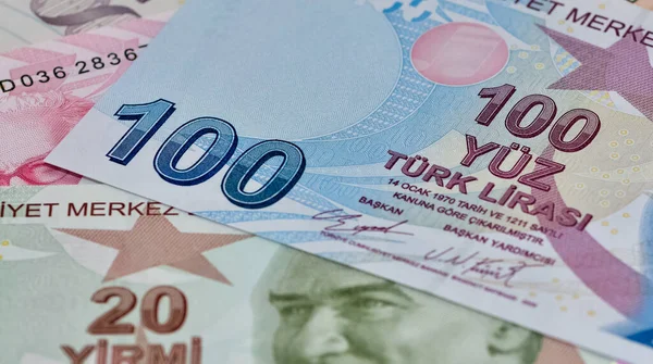 Türkische Banknoten Türkische Lira Zahlen Makroschrot 100 Und 200 Türkische — Stockfoto