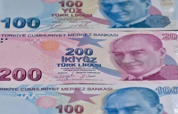 Турецкие Банкноты Турецкая Лира Номера Макроснимок 100 200 Турецких Банкнот — стоковое фото