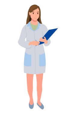 Kadın bir doktor, elinde dokümanlar için bir klasörle duruyor. Tıbbi üniformalı bir hastane çalışanı, beyaz bir arka planda izole edilmiş. Halka Sağlık ve Yardım. 