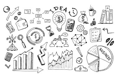 Doodle tasarım tarzı. El çizimi iş sembolleri. Grafikler, dosyalar, çizelgeler ve çeşitli iş simgeleri.