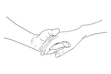 Bir erkeğin elinde bir kadın eli çizimi, vektör doğrusal sanat çizimi..