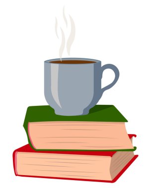 Kitap yığınının üzerinde bir fincan kahve. Okuma konusunda samimi bir illüstrasyon..