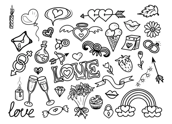 Doodles Voor Valentijnsdag Handgetekend Valentijnsdag Platte Vector Pictogrammen Geïsoleerd Een — Stockvector