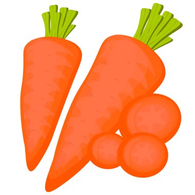 Carrots, fresh vegetables and sliced rings. A fresh orange carrot icon isolated on a white background. 