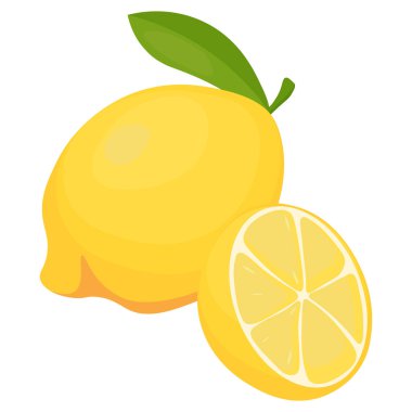 Limon tam ve yarım. Limon simgesi, basit görüntü. Yüksek vitamin içerikli ferahlatıcı ve sulu meyve.