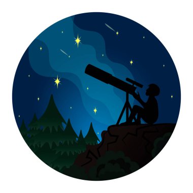 Yıldızlı gökyüzü, bir insan teleskopla yıldızları izliyor. Astronomi tutkusu, yıldızlı gökyüzü çalışması.