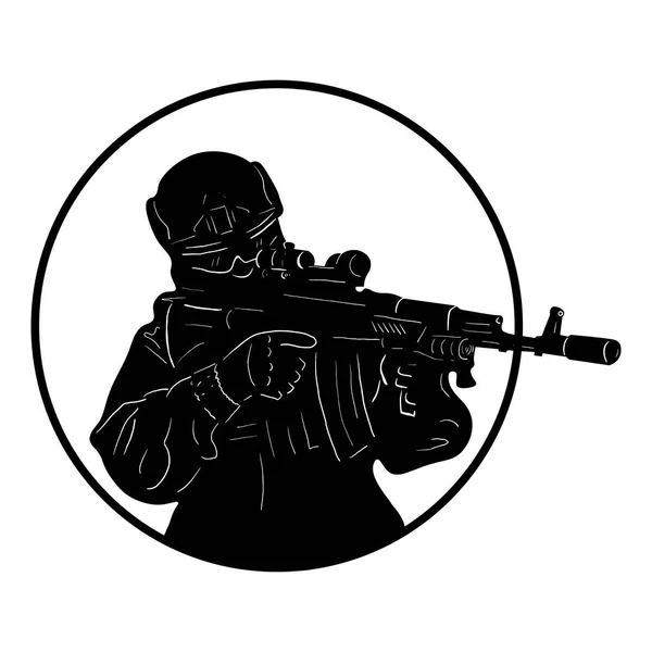 Silhouette Soldier Circle Drawing Contour Armed Soldier Made Black White — Stock Photo, Image